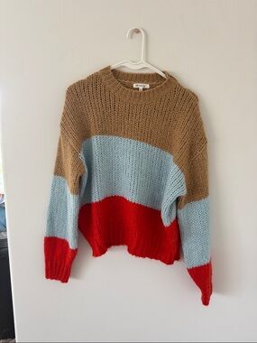 Miracle Colorblock Crewneck Sweater - Tan, Light Blue & Red